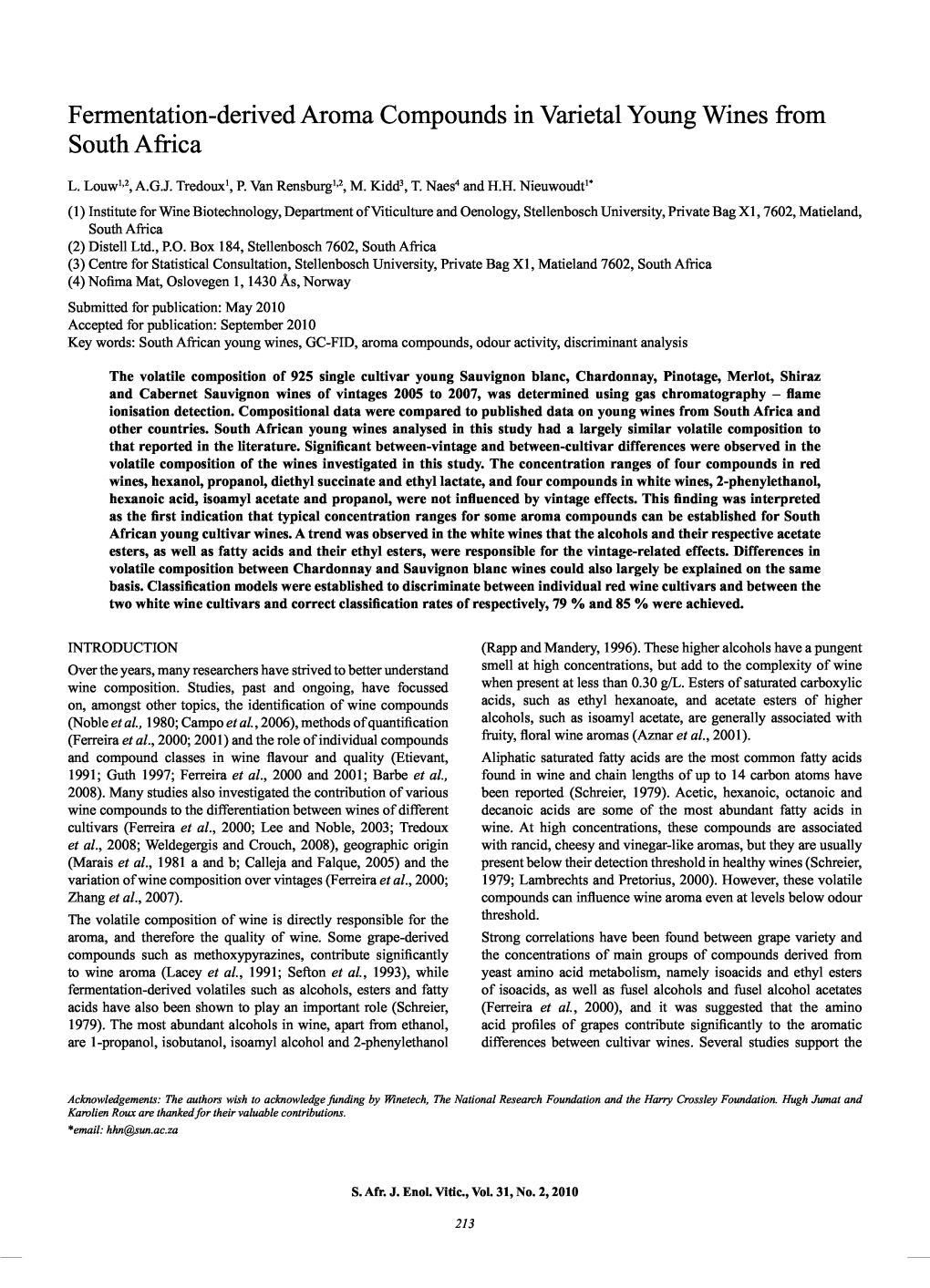 Fermentation-Derived Aroma Compounds in Varietal Young Wines from South Africa