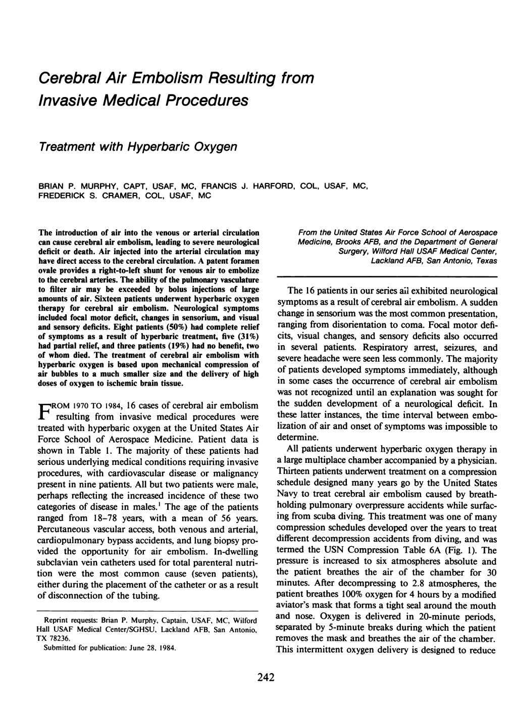 Cerebral Air Embolism Resulting from Invasive Medical Procedures