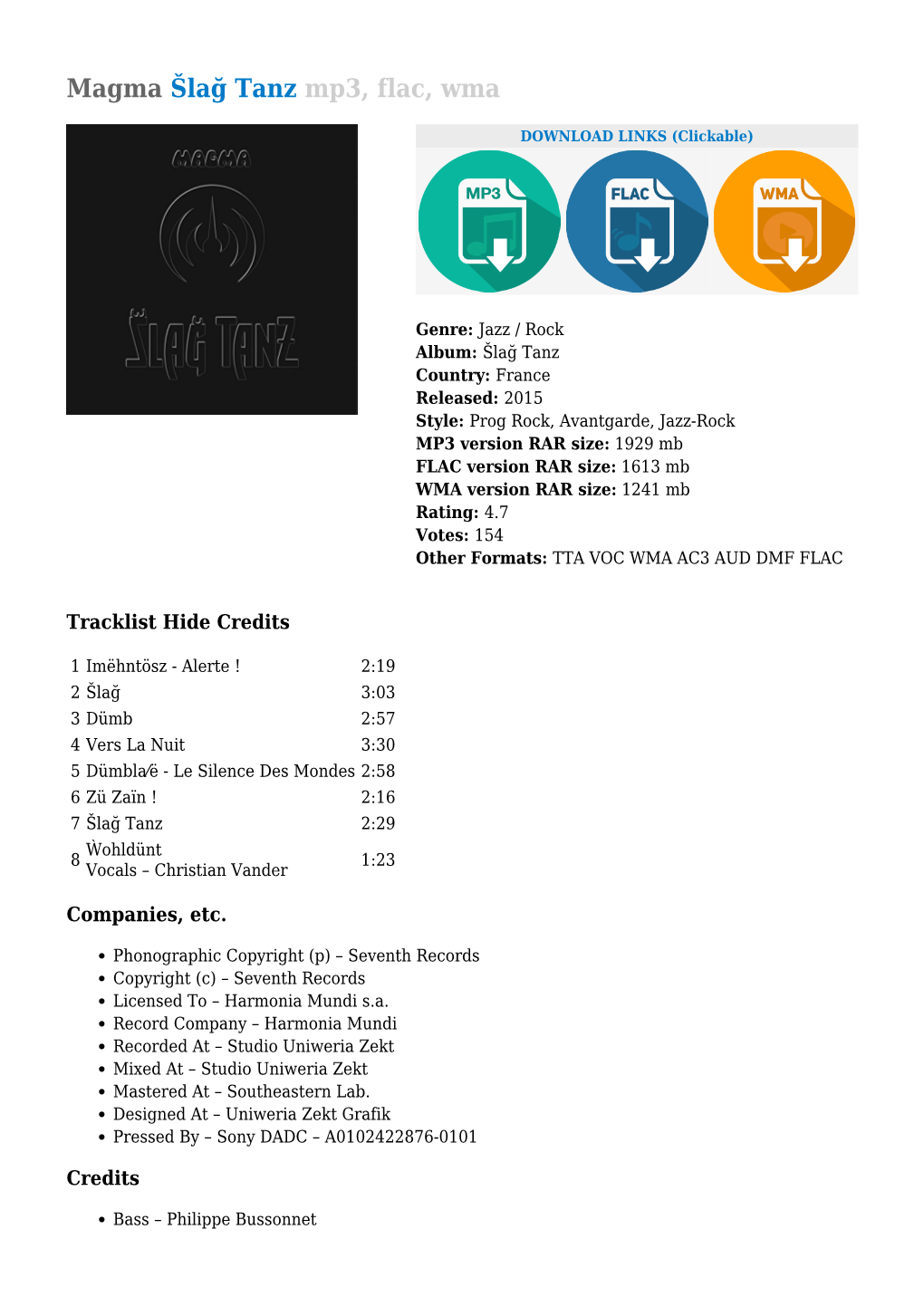 Magma Šlağ Tanz Mp3, Flac, Wma