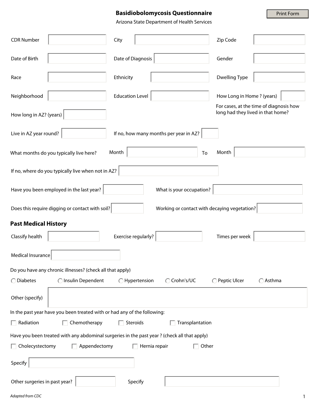 Basidiobolomycosis Questionnaire Past Medical History