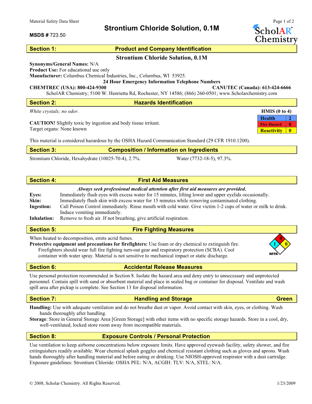 Strontium Chloride Solution, 0.1M MSDS # 723.50