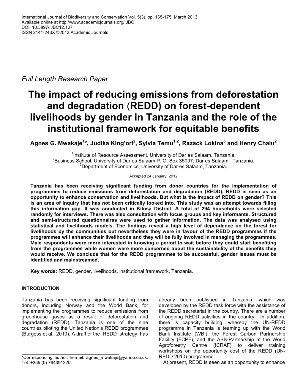 REDD) on Forest-Dependent Livelihoods by Gender in Tanzania and the Role of the Institutional Framework for Equitable Benefits
