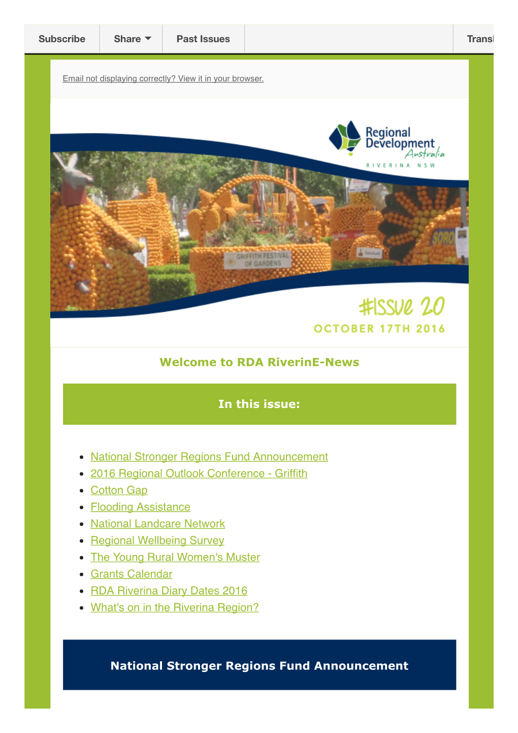 Welcome to RDA Riverinenews in This Issue: National Stronger Regions Fund Announcement 2016 Regional Outlook Conference