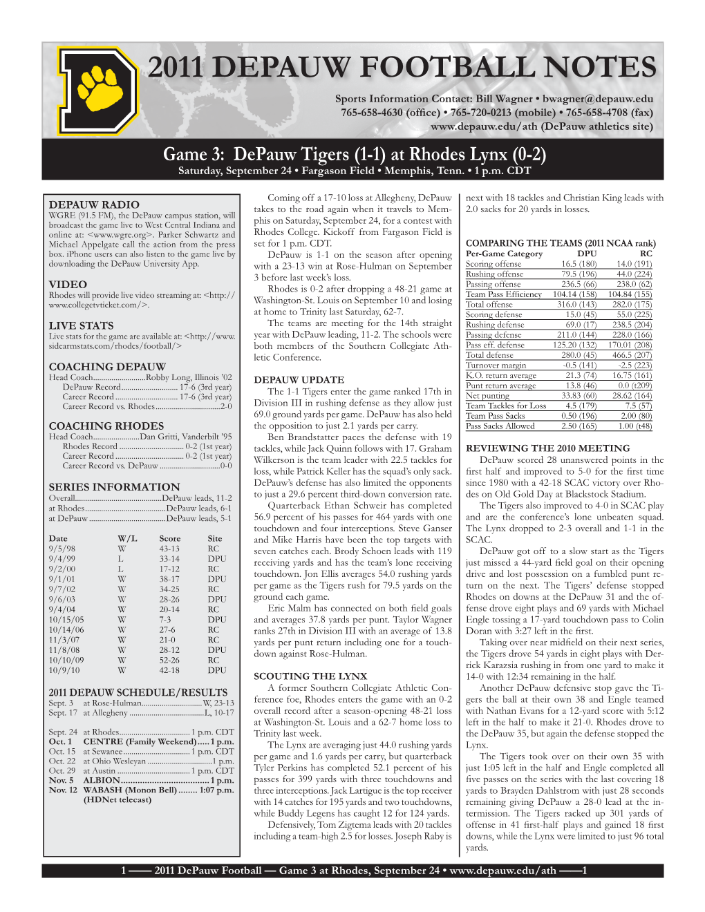 2011 Depauw Football Notes