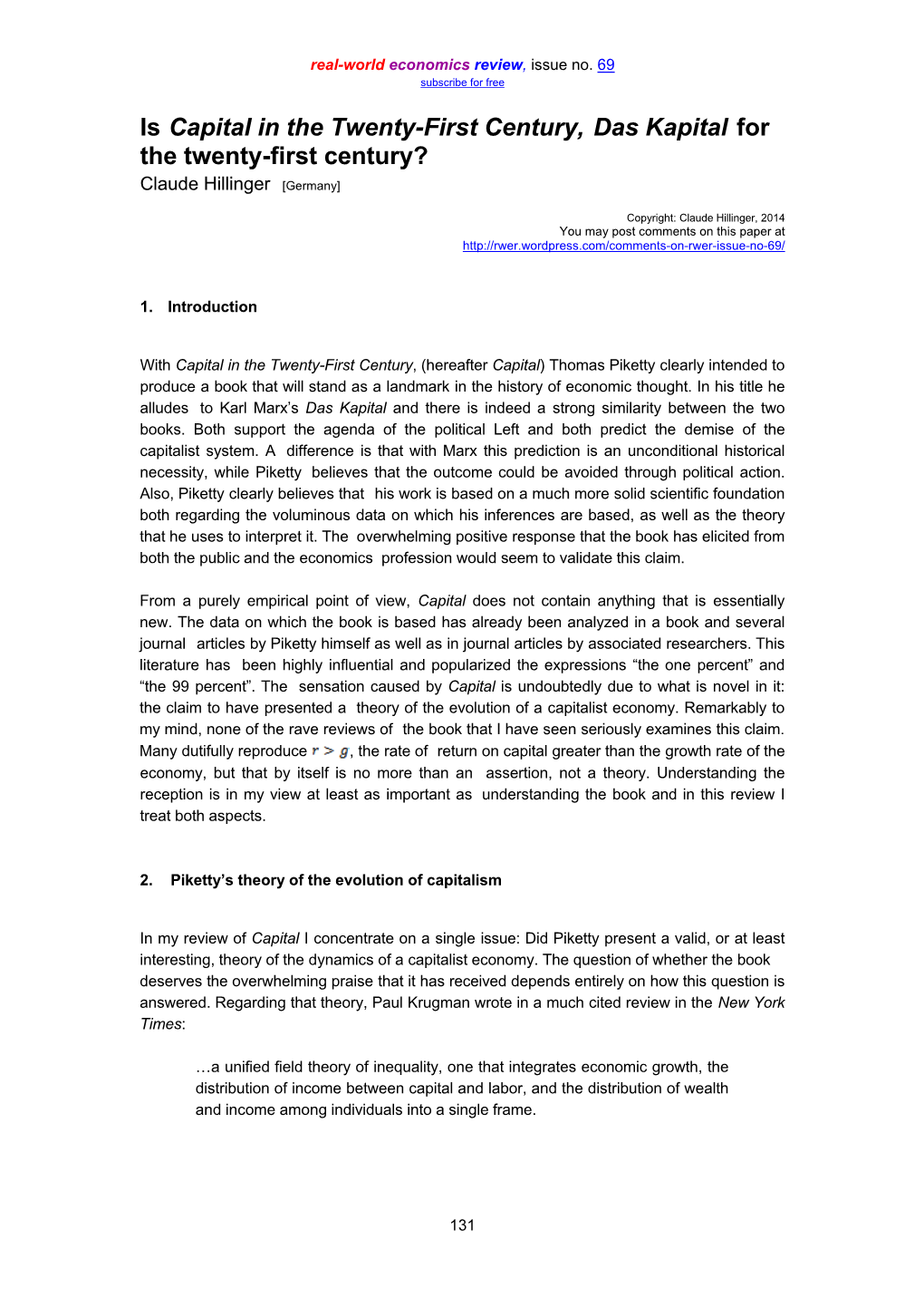 Is Capital in the Twenty-First Century, Das Kapital for the Twenty-First Century? Claude Hillinger [Germany]