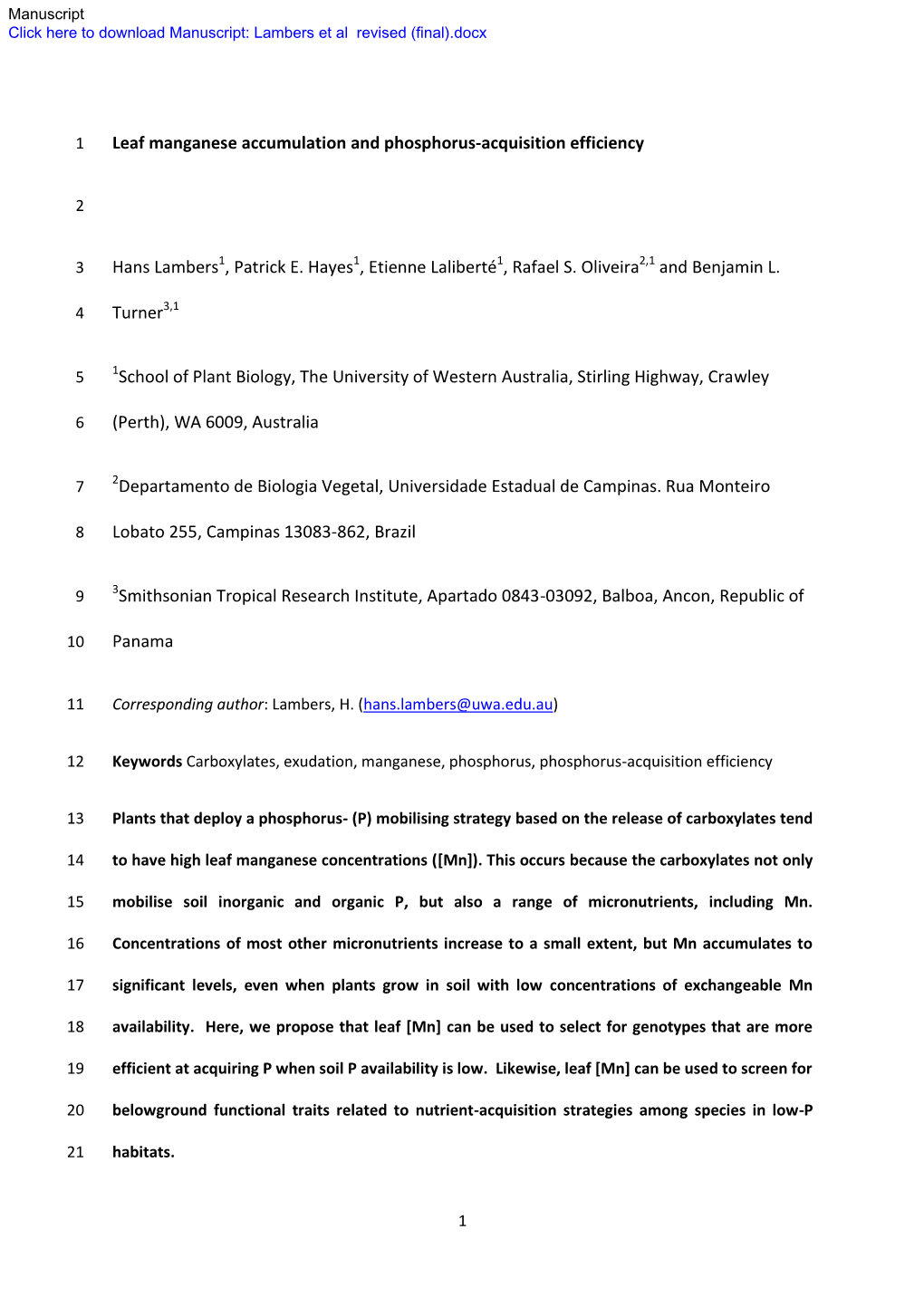 Leaf Manganese Accumulation and Phosphorus-Acquisition Efficiency Hans Lambers1, Patrick E. Hayes1, Etienne Laliberté1, Rafael