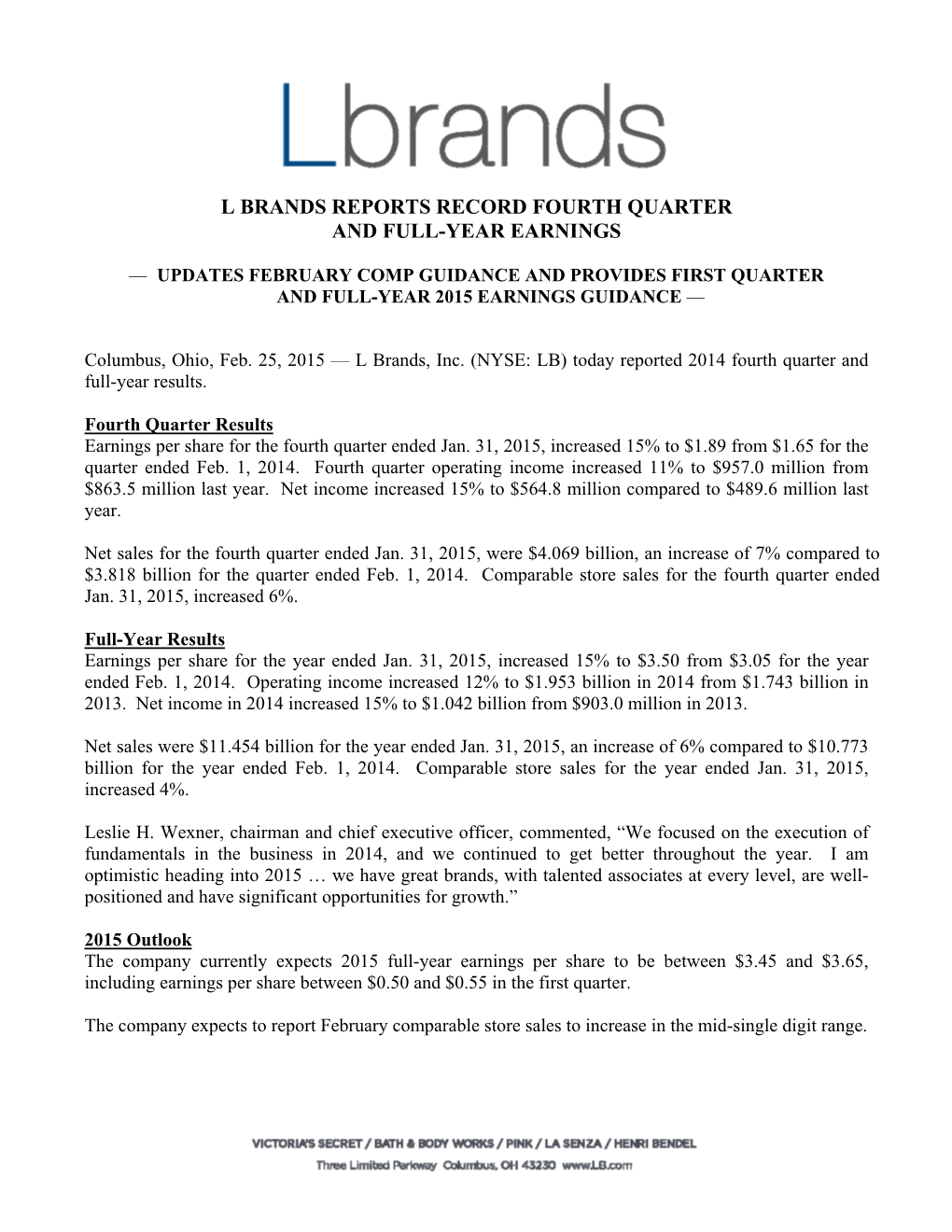 L Brands Reports Record Fourth Quarter and Full-Year Earnings