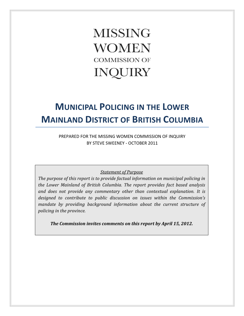 Municipal Policing in the Lower Mainland District of British Columbia