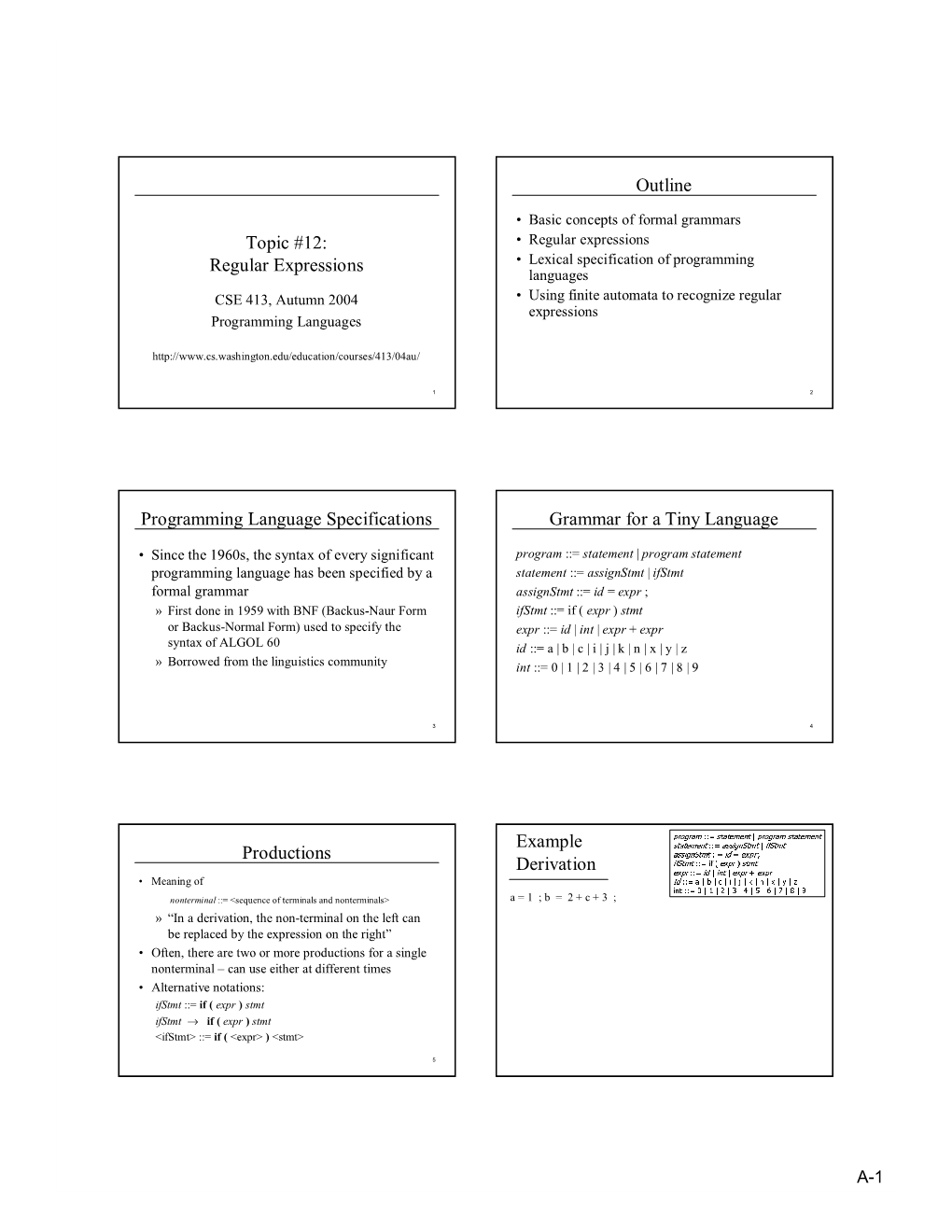 Topic #12: Regular Expressions Outline Programming Language