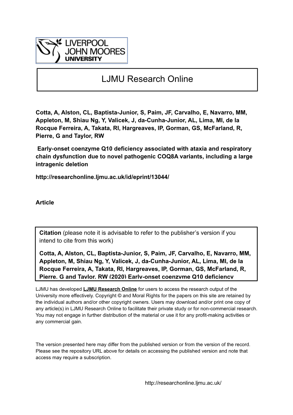 Early‐Onset Coenzyme Q10 Deficiency Associated with Ataxia And