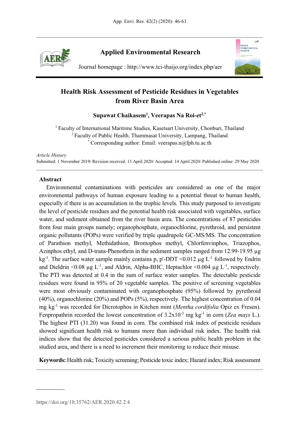 Health Risk Assessment of Pesticide Residues in Vegetables from River Basin Area