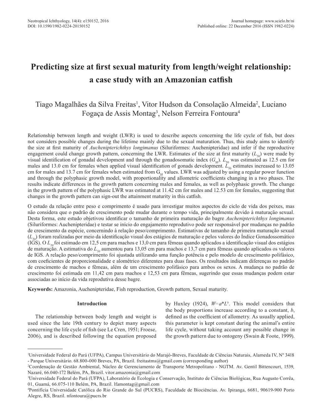 Predicting Size at First Sexual Maturity from Length/Weight Relationship: a Case Study with an Amazonian Catfish