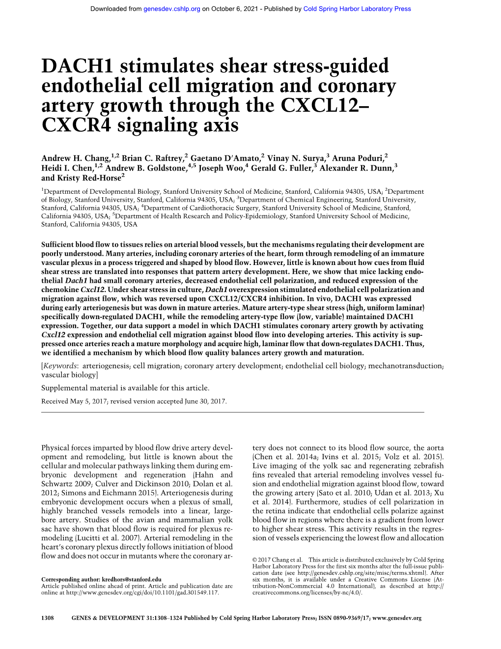 DACH1 Stimulates Shear Stress-Guided Endothelial Cell Migration and Coronary Artery Growth Through the CXCL12– CXCR4 Signaling Axis