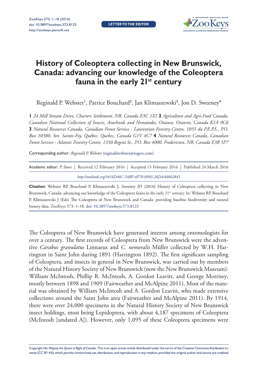 History of Coleoptera Collecting in New Brunswick, Canada