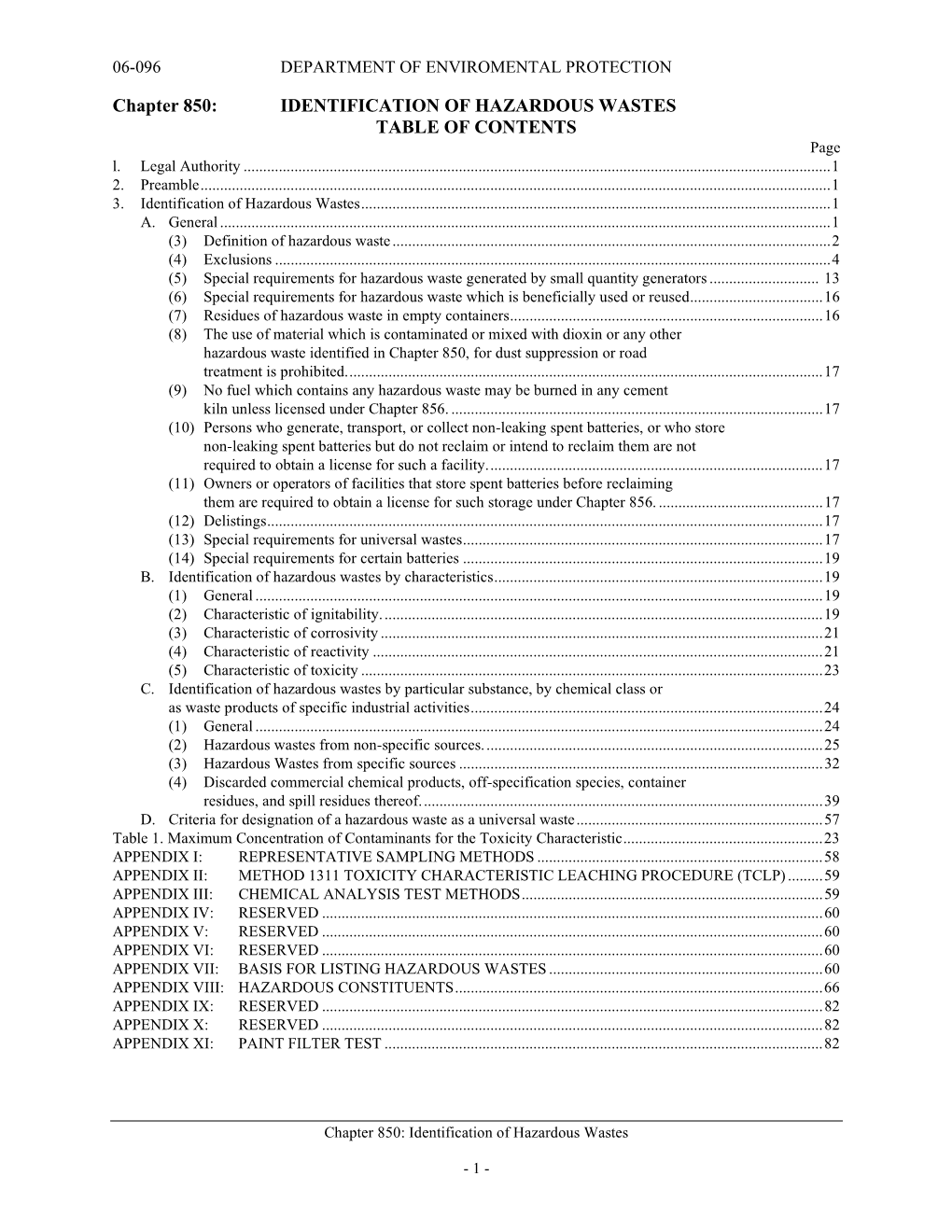 Chapter 850: IDENTIFICATION of HAZARDOUS WASTES TABLE of CONTENTS Page L