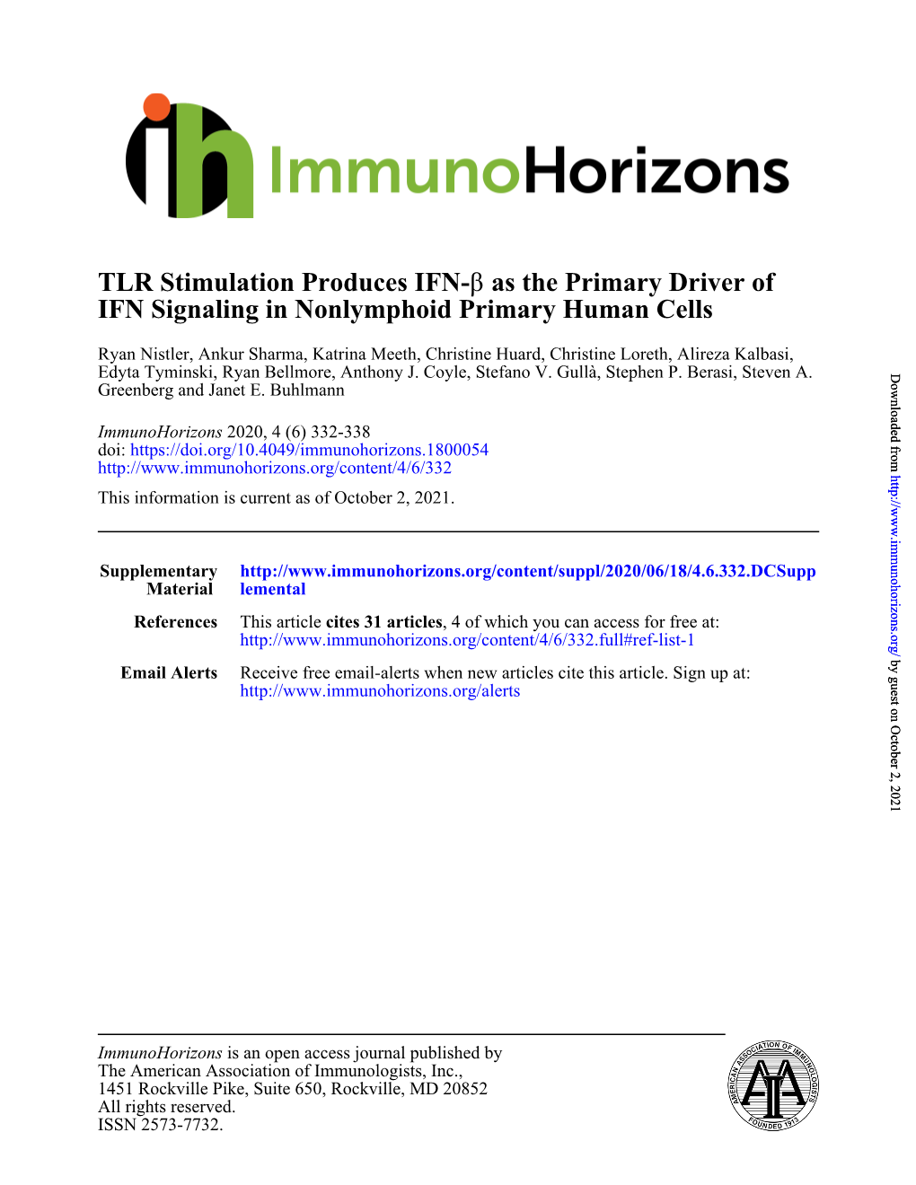 IFN Signaling in Nonlymphoid Primary Human Cells As the Primary Driver of Β TLR Stimulation Produces IFN
