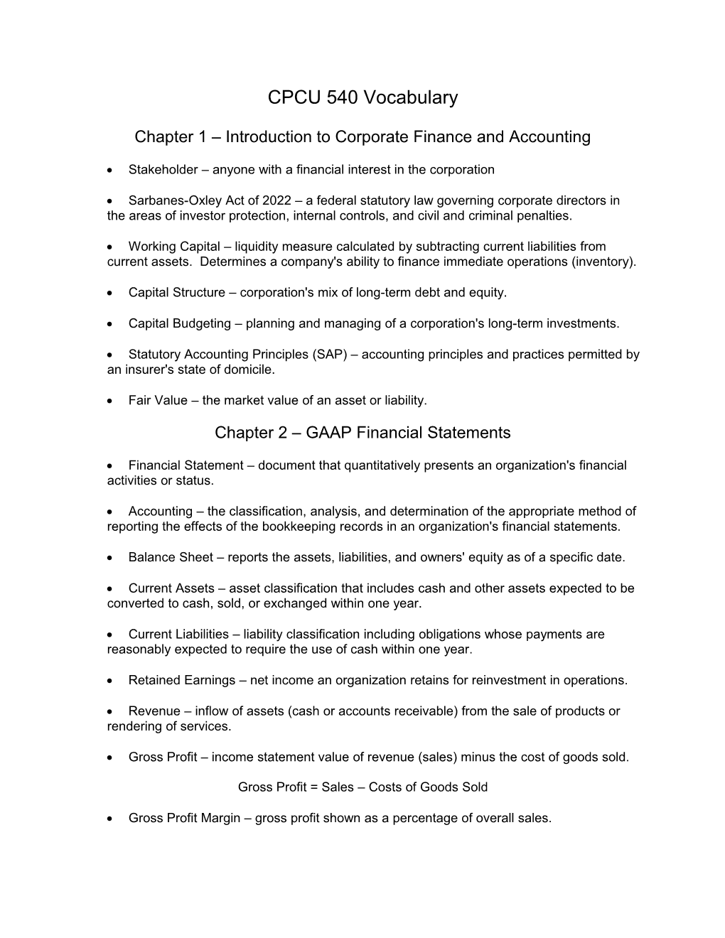 Chapter 1 Introduction to Corporate Finance and Accounting