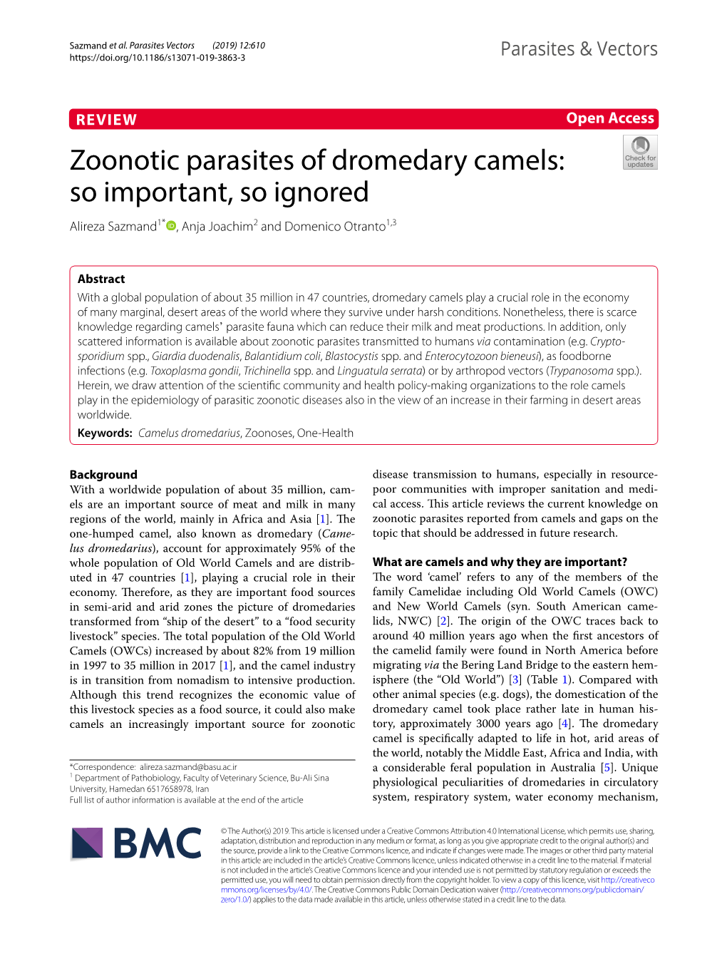 Zoonotic Parasites of Dromedary Camels: So Important, So Ignored Alireza Sazmand1* , Anja Joachim2 and Domenico Otranto1,3