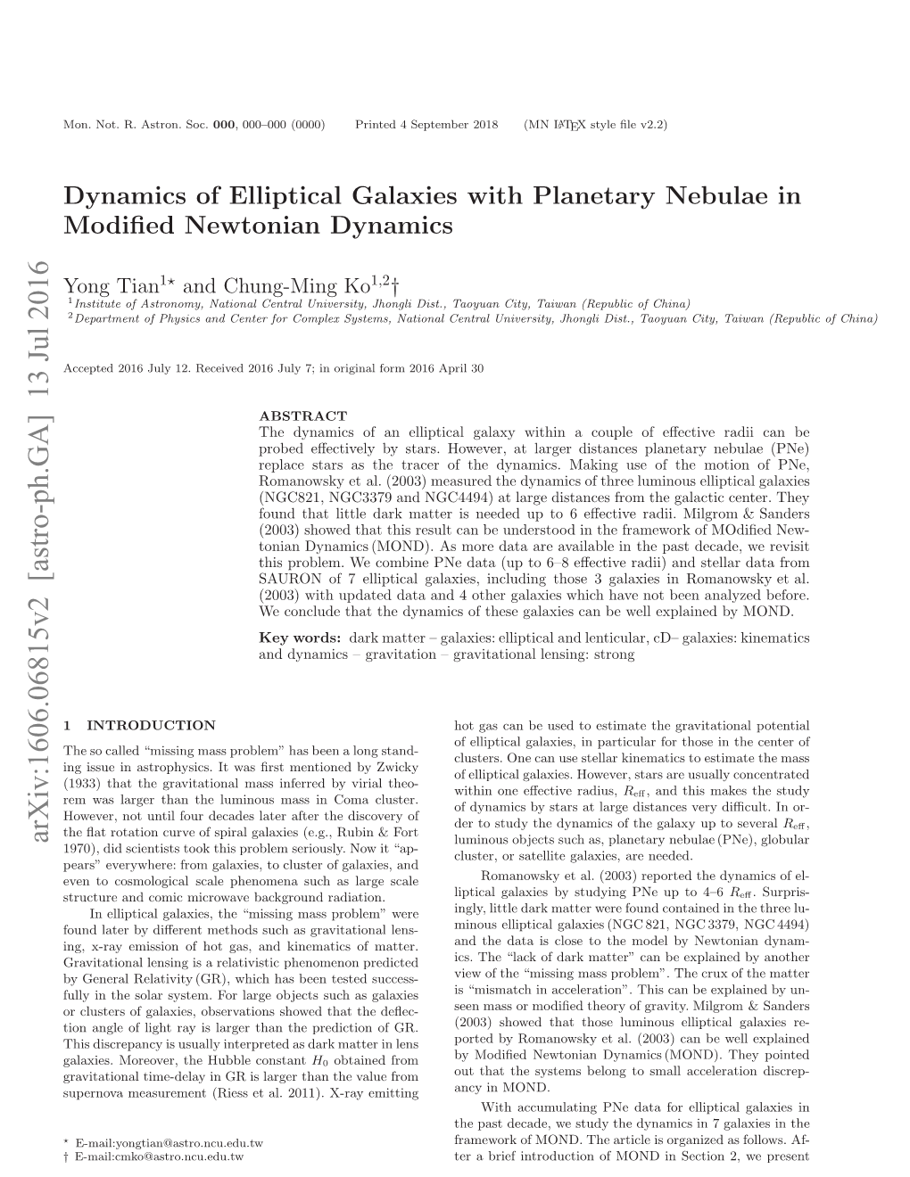 Dynamics of Elliptical Galaxies with Planetary Nebulae in Modified