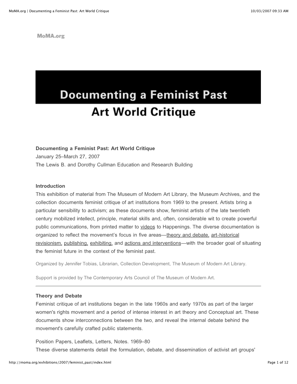 Moma.Org | Documenting a Feminist Past: Art World Critique 10/03/2007 09:33 AM