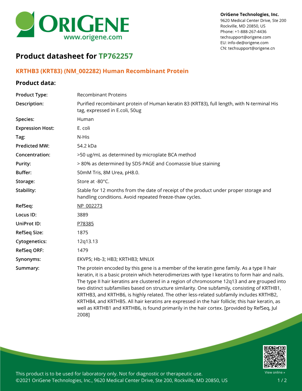 KRTHB3 (KRT83) (NM 002282) Human Recombinant Protein Product Data
