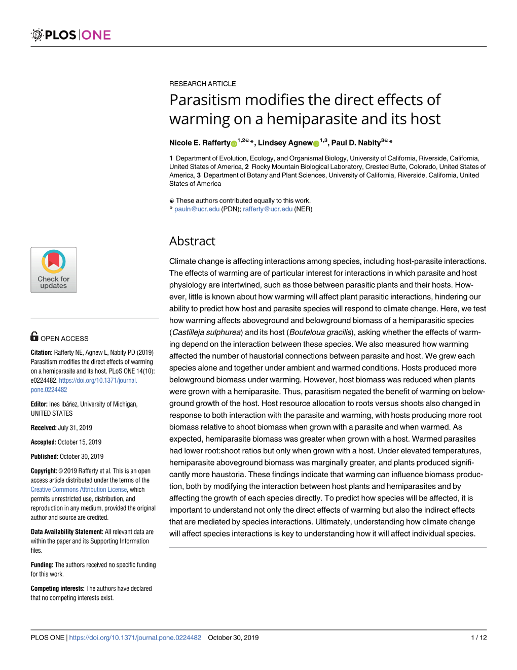 Parasitism Modifies the Direct Effects of Warming on a Hemiparasite and Its Host