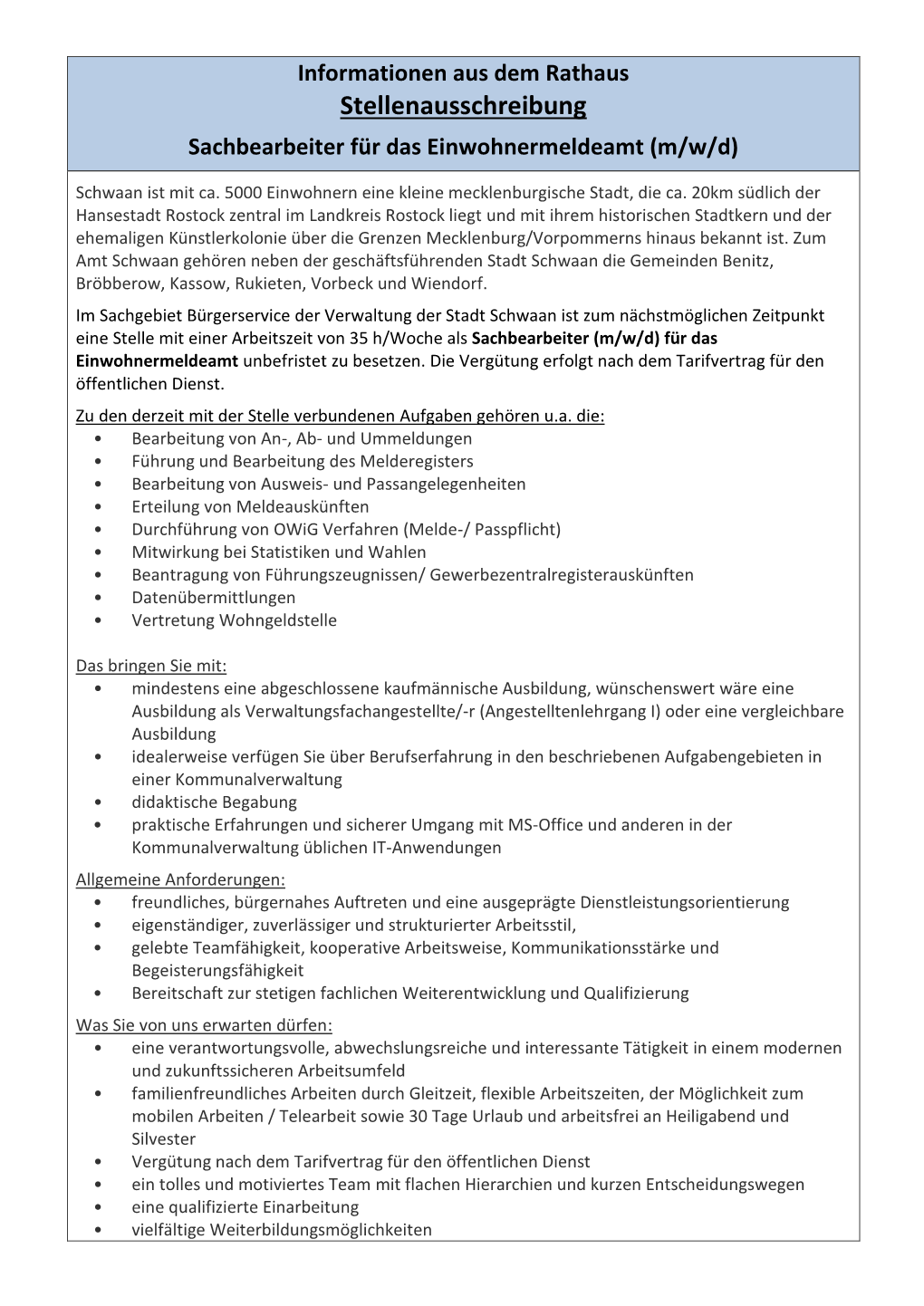 Stellenausschreibung Sachbearbeiter Für Das Einwohnermeldeamt (M/W/D)