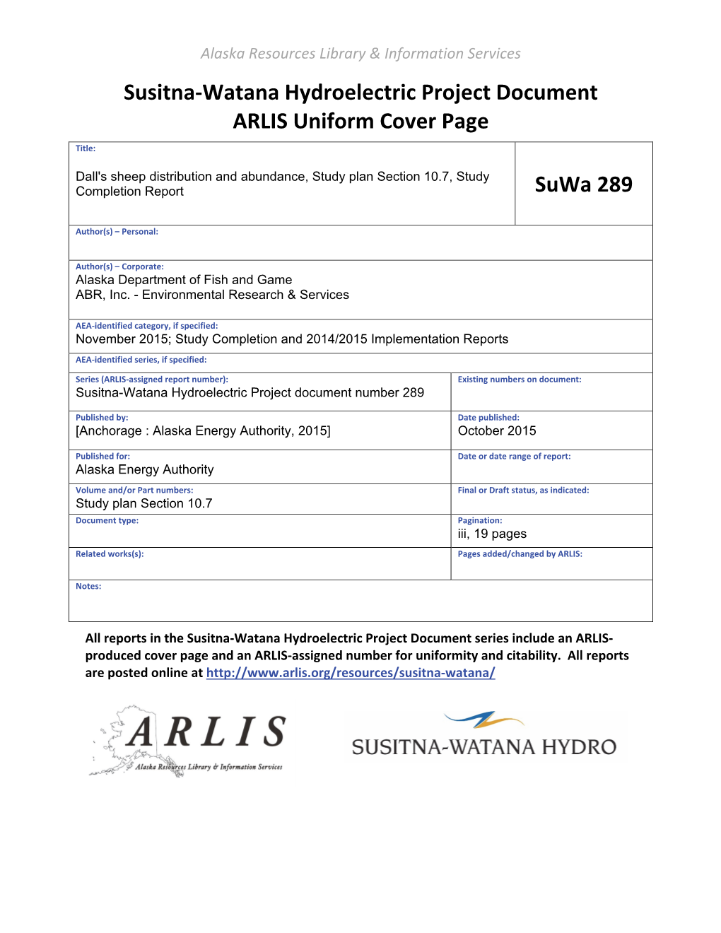 Dall's Sheep Distribution and Abundance, Study Plan Section 10.7, Study Completion Report Suwa 289