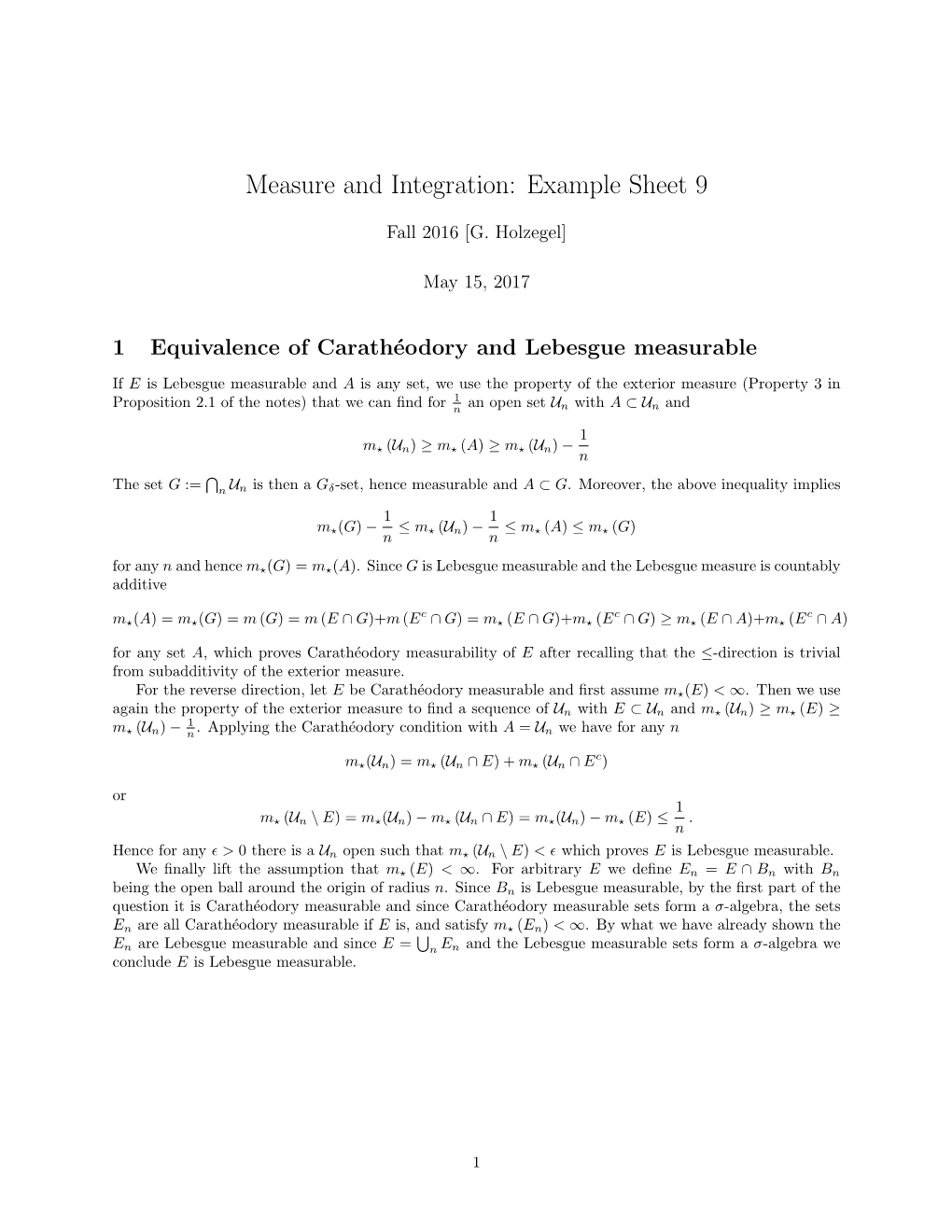 Measure and Integration: Example Sheet 9