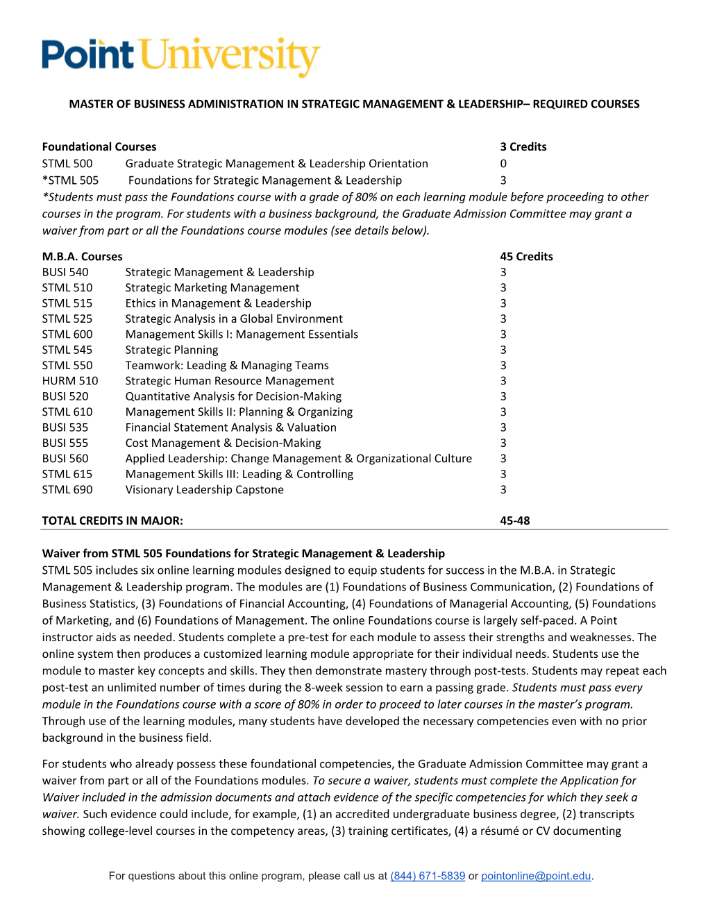 Master of Business Administration in Strategic Management & Leadership– Required Courses