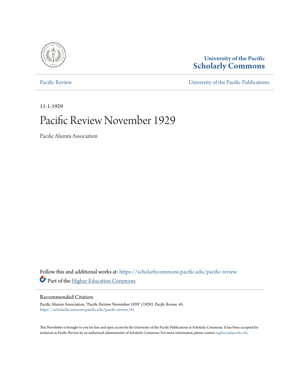 Pacific Review November 1929 Pacific Alumni Association