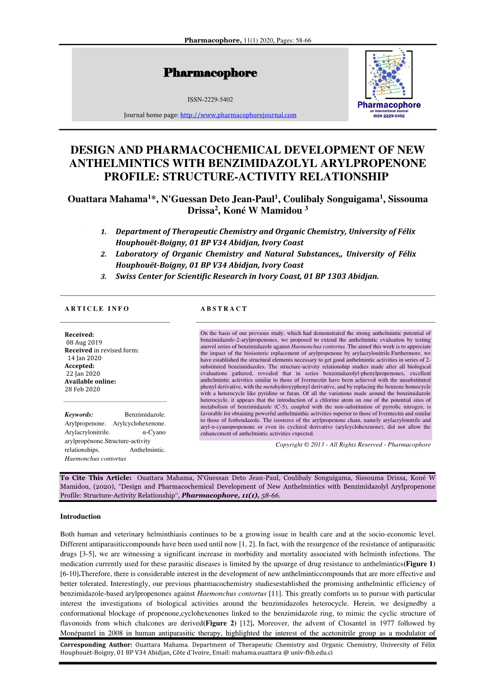 Pharmacophore DESIGN and PHARMACOCHEMICAL DEVELOPMENT of NEW ANTHELMINTICS with BENZIMIDAZOLYL ARYLPROPENONE PROFILE: STRUCTURE