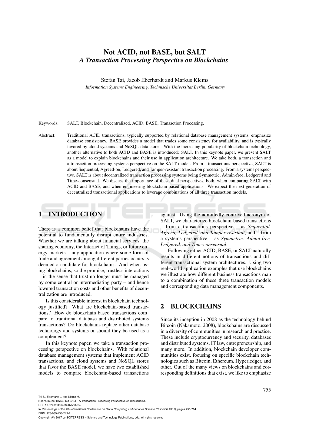 Not ACID, Not BASE, but SALT a Transaction Processing Perspective on Blockchains