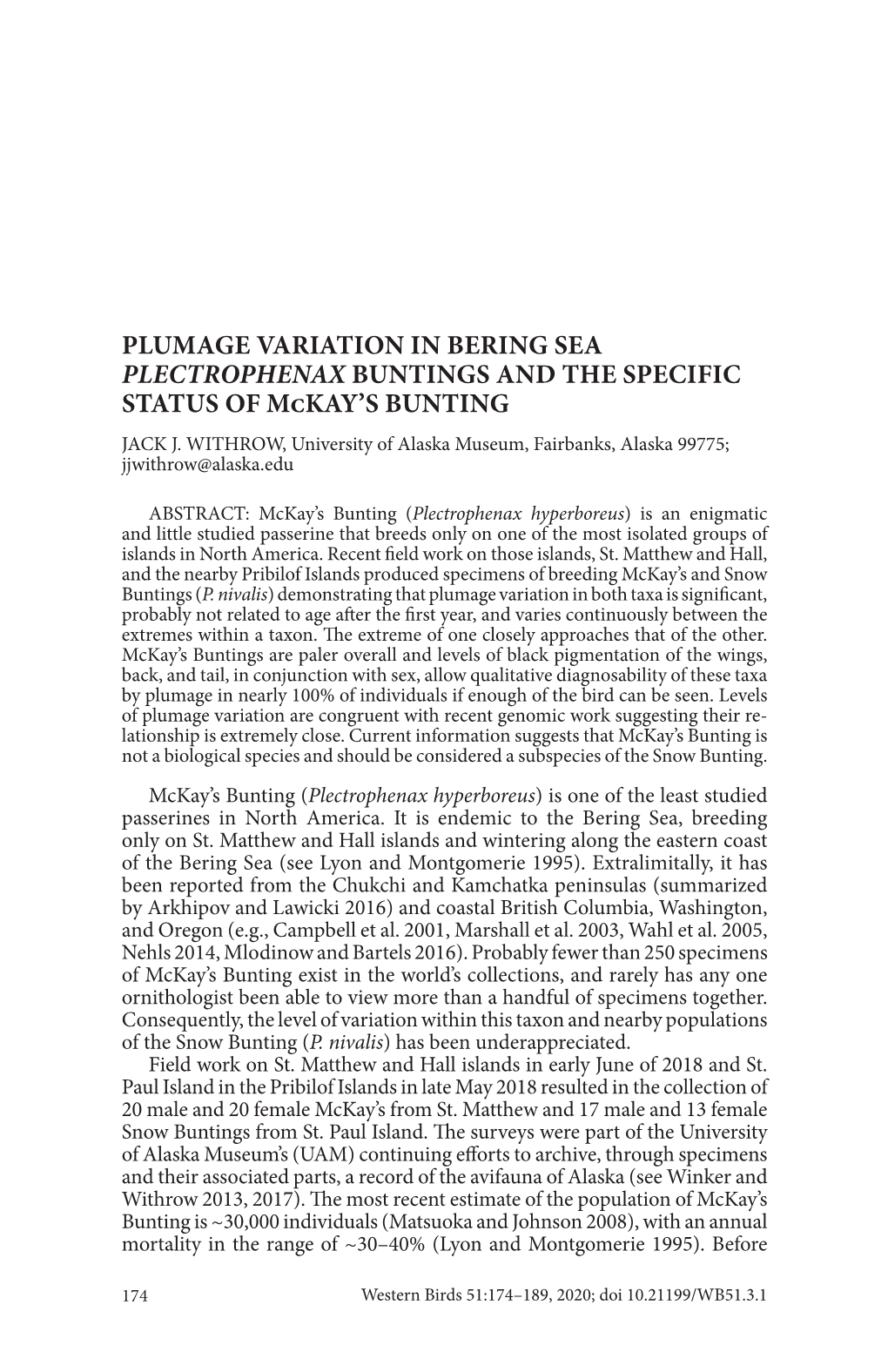 Plumage Variation in Bering Sea Plectrophenax Buntings and the Specific Status of Mckay's Bunting