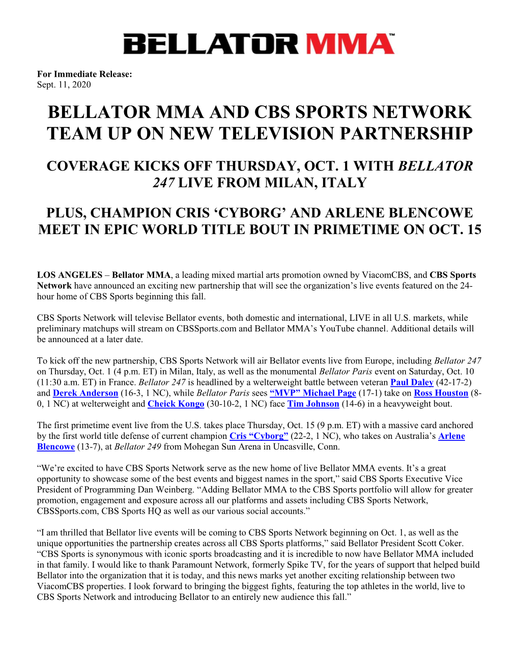 Bellator Mma and Cbs Sports Network Team up on New Television Partnership