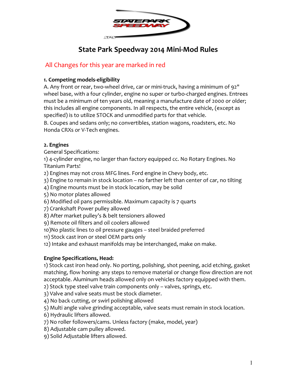 State Park Speedway Mini-Mod Rules