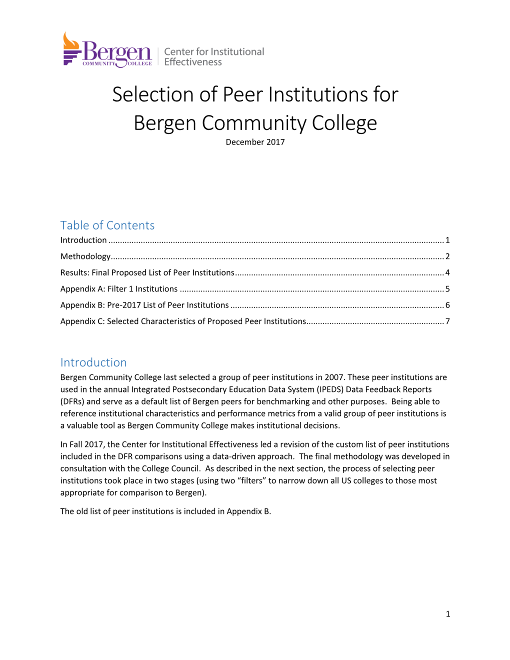 Selection of Peer Institutions for Bergen Community College December 2017