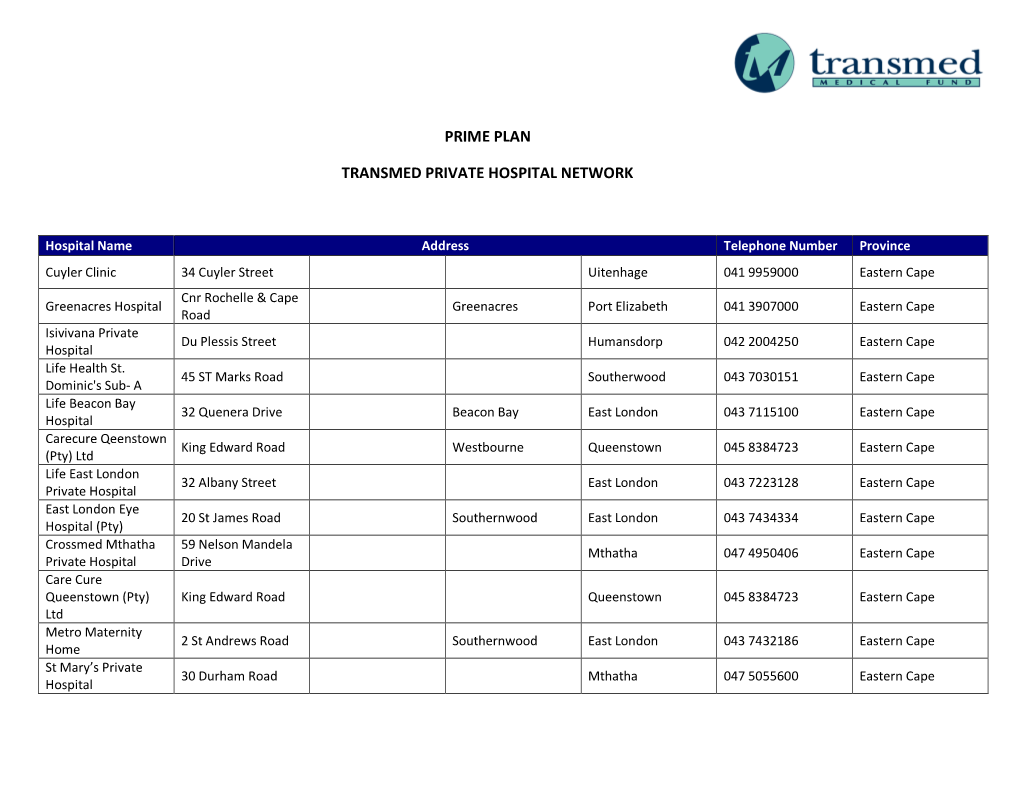 Prime Plan Private Hospital Network