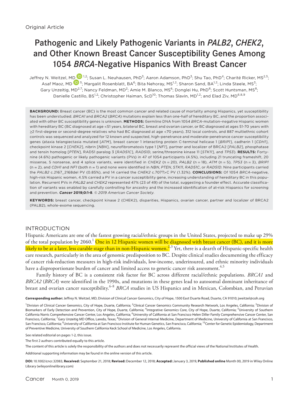 Pathogenic and Likely Pathogenic Variants in PALB2, CHEK2, and Other Known Breast Cancer Susceptibility Genes Among 1054 BRCA-Negative Hispanics with Breast Cancer