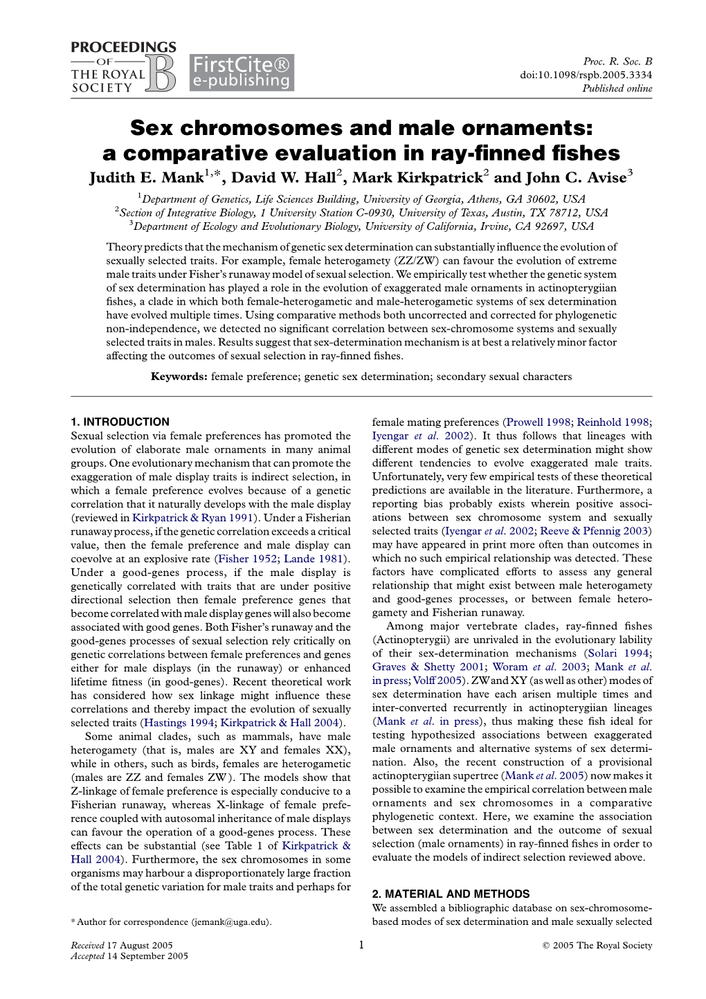 Sex Chromosomes and Male Ornaments: a Comparative Evaluation in Ray-ﬁnned ﬁshes Judith E