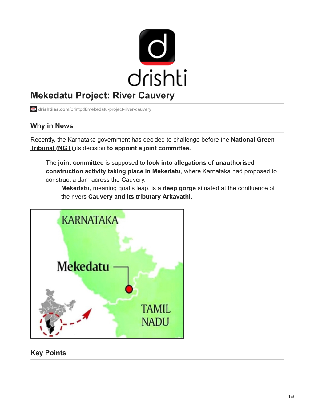 Mekedatu Project: River Cauvery