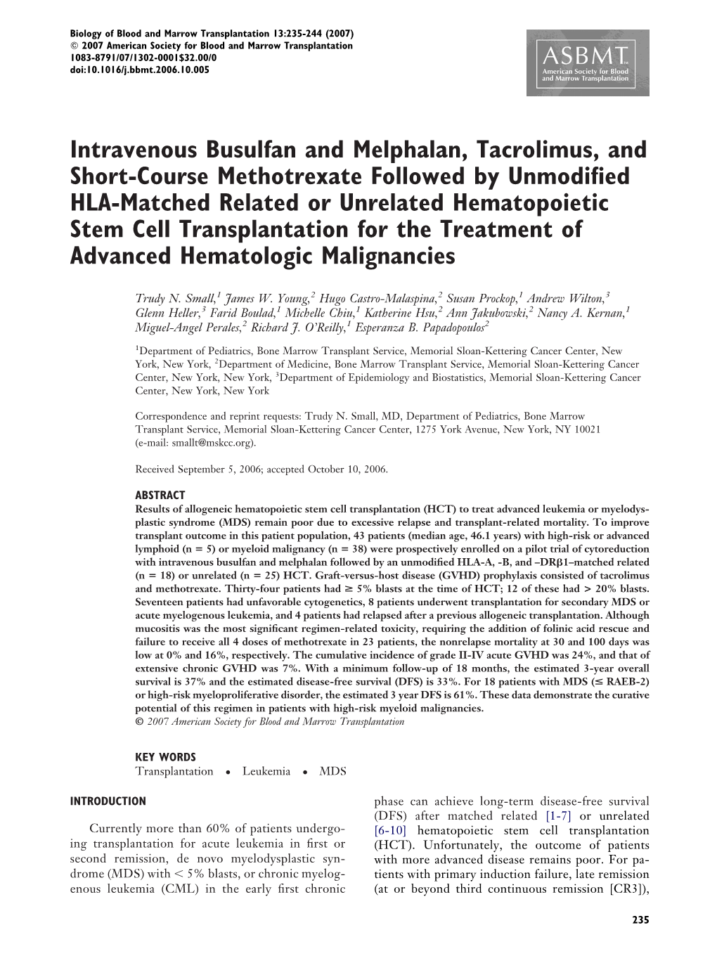 Intravenous Busulfan and Melphalan, Tacrolimus, and Short-Course