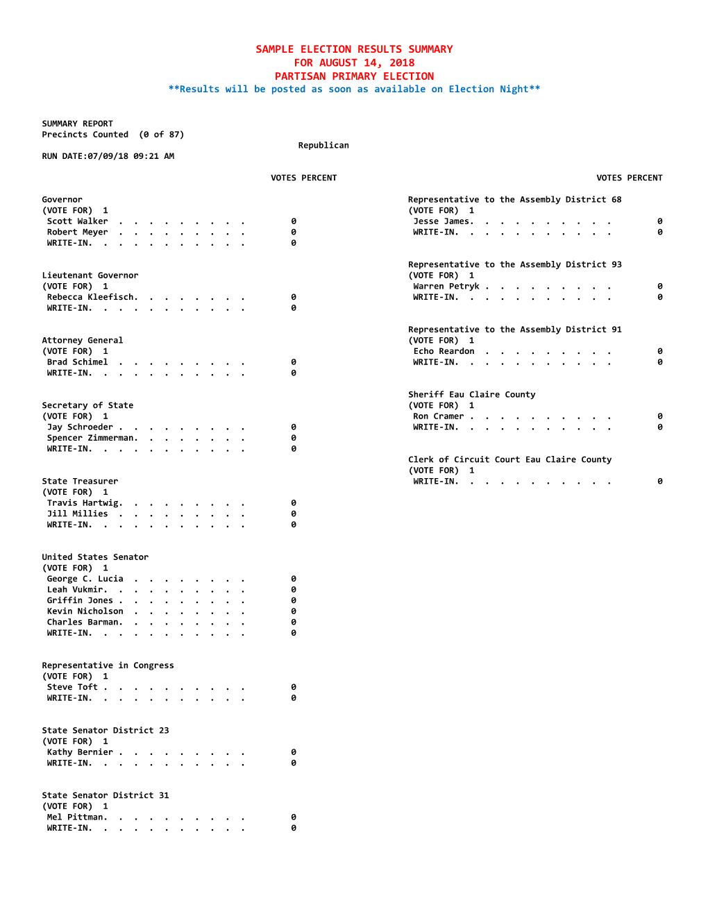 SAMPLE ELECTION RESULTS SUMMARY for AUGUST 14, 2018 PARTISAN PRIMARY ELECTION **Results Will Be Posted As Soon As Available on Election Night**