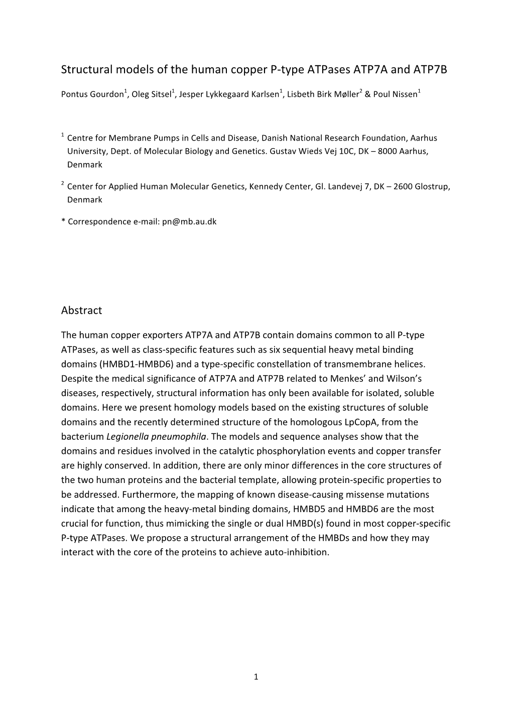 Structural Models of the Human Copper P-‐Type Atpases ATP7A