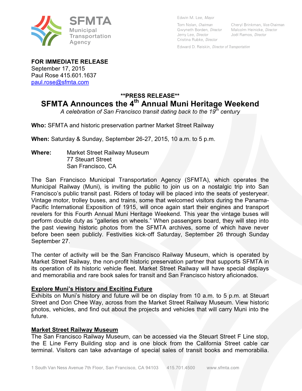 SFMTA Announces the 4 Annual Muni Heritage Weekend