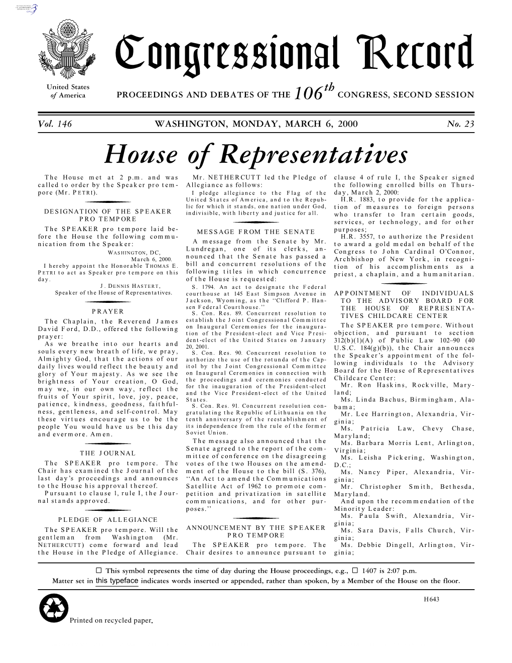 Congressional Record United States Th of America PROCEEDINGS and DEBATES of the 106 CONGRESS, SECOND SESSION