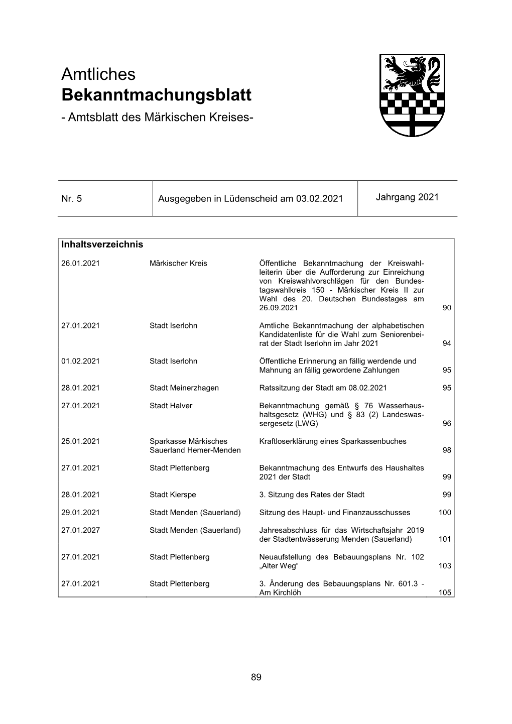 Amtliches Bekanntmachungsblatt - Amtsblatt Des Märkischen Kreises