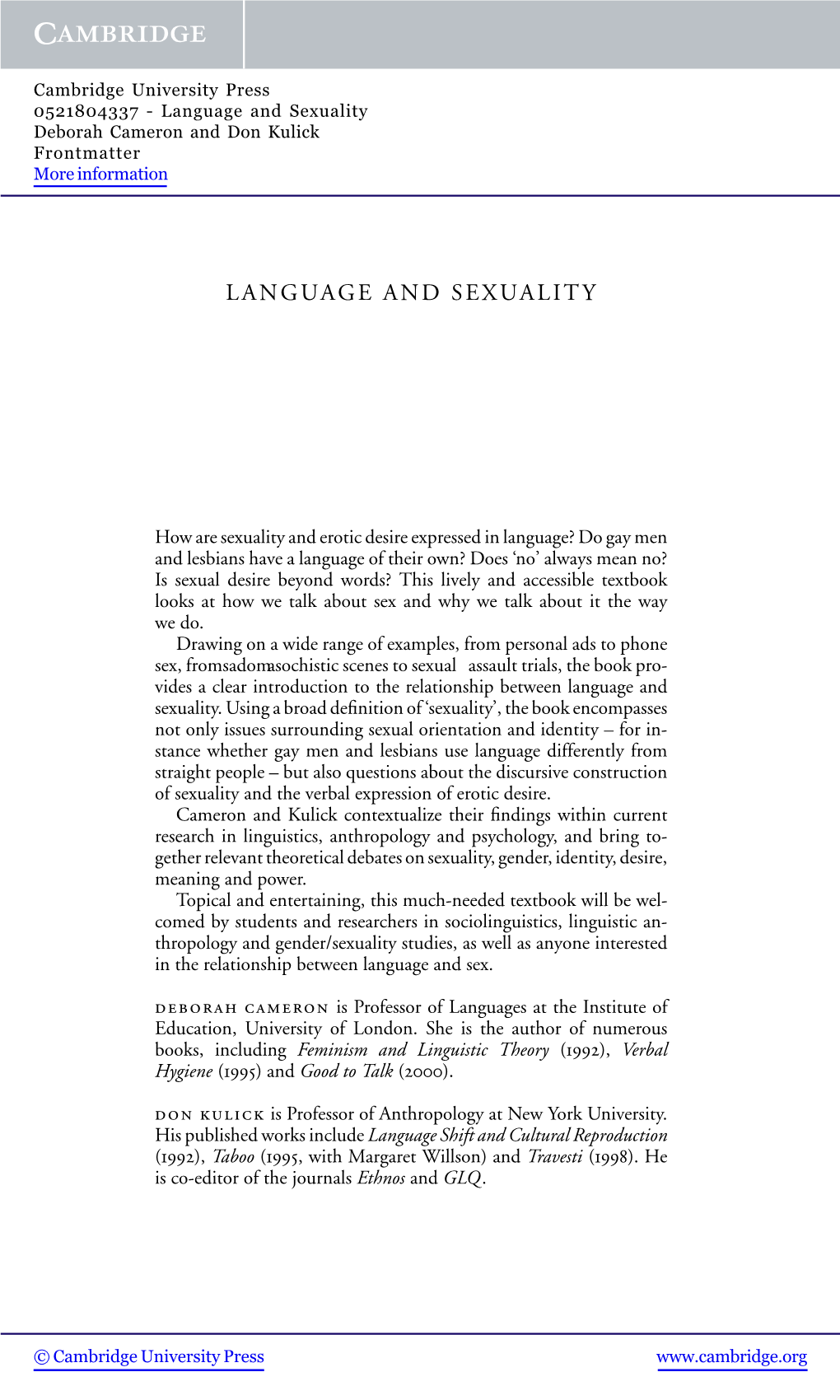 Language and Sexuality Deborah Cameron and Don Kulick Frontmatter More Information