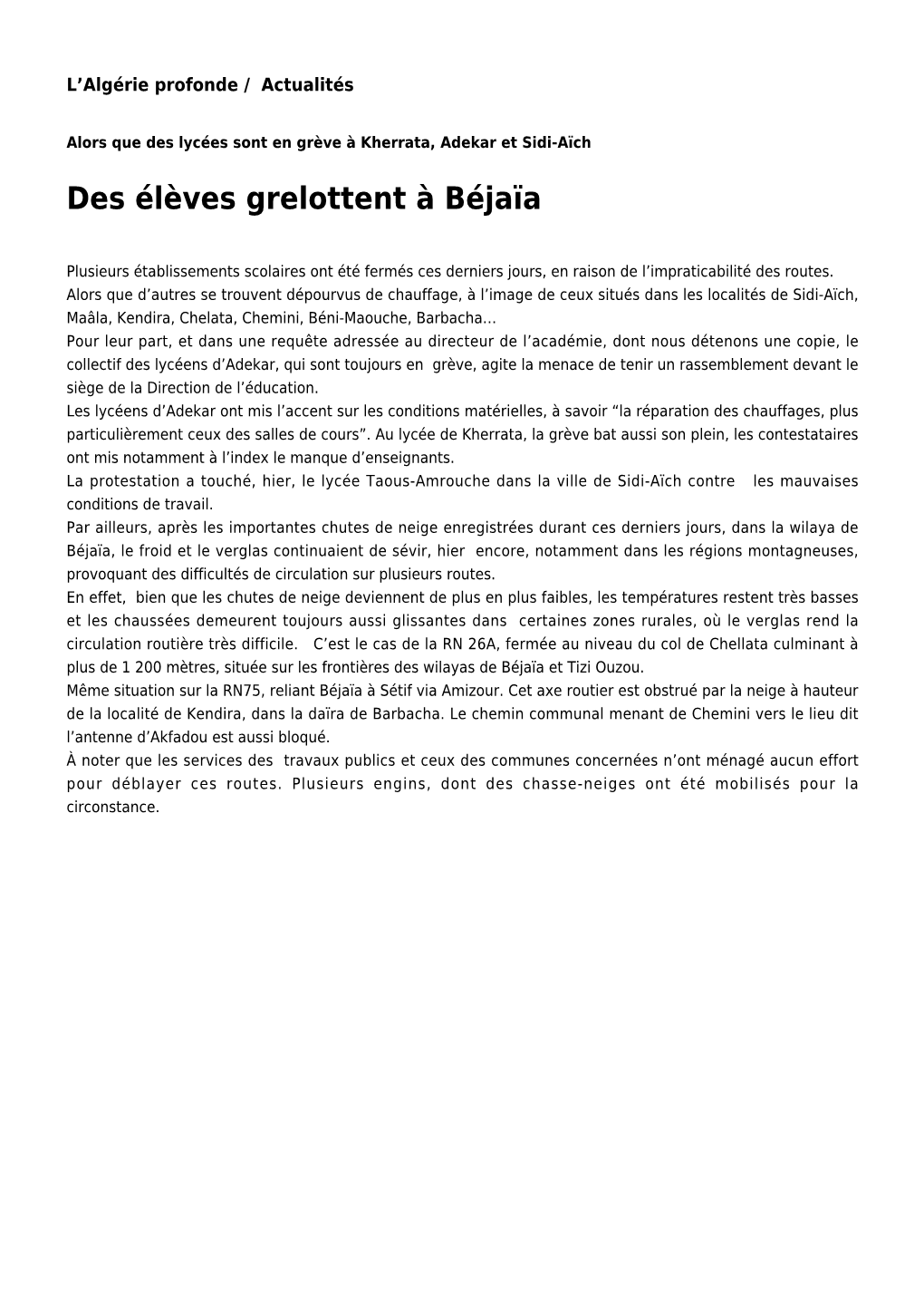 Des Élèves Grelottent À Béjaïa: Toute L'actualité Sur Liberte-Algerie.Com