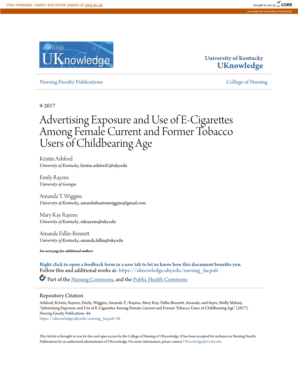 Advertising Exposure and Use of E-Cigarettes Among Female